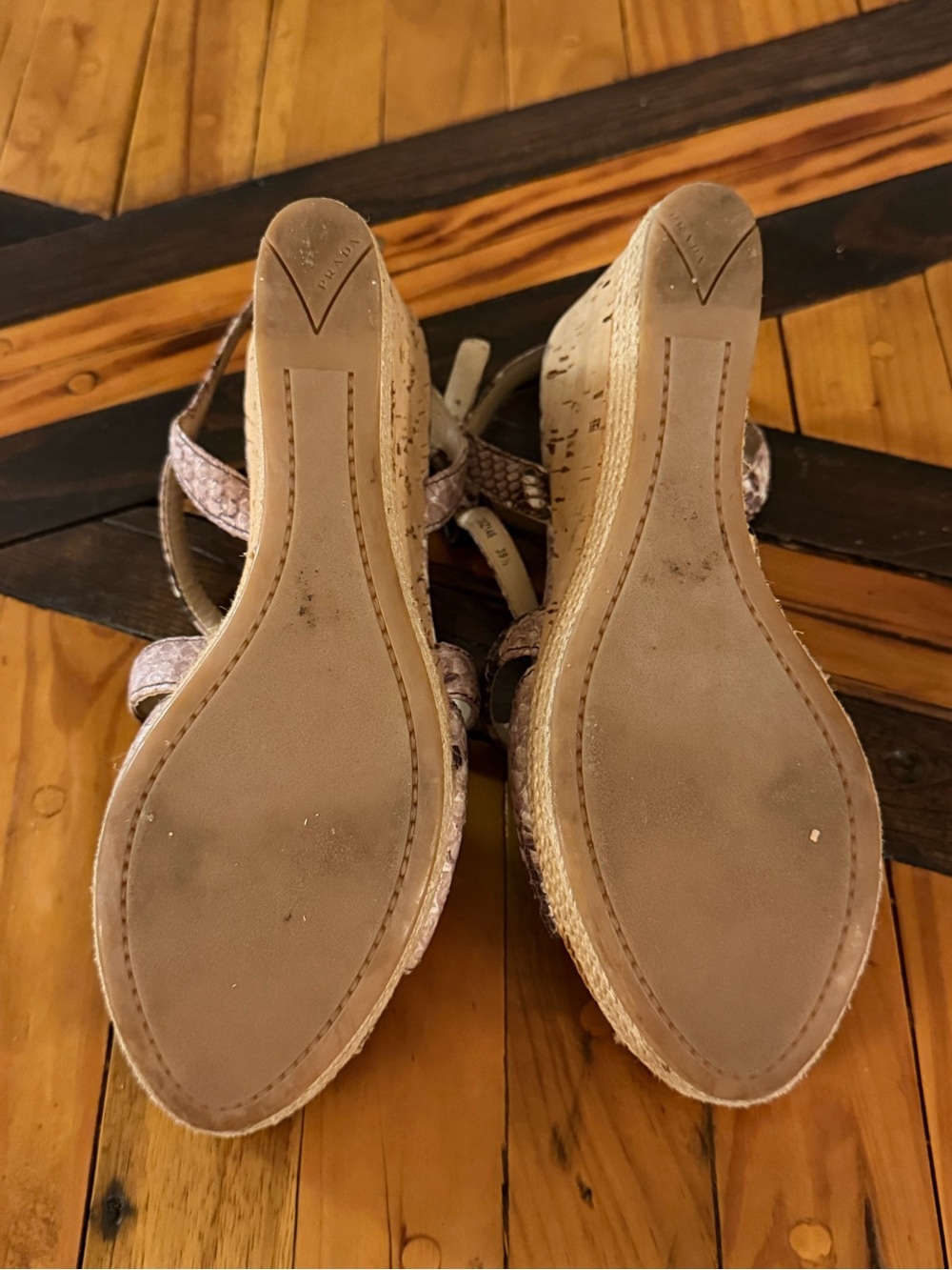PRADA Tan and Black Genuine Python Snakeskin Slingback Wedges. - Picture 4 of 6